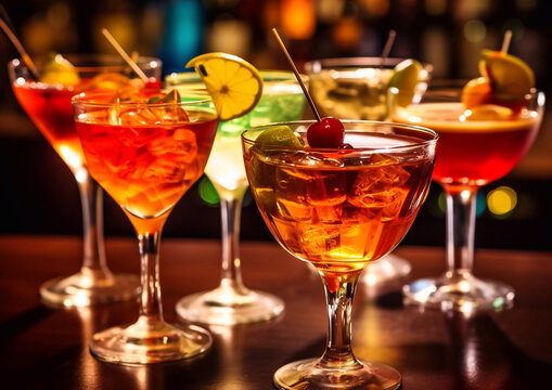 Various alcoholic cocktails on bar counter in night club.Macro.AI Generative