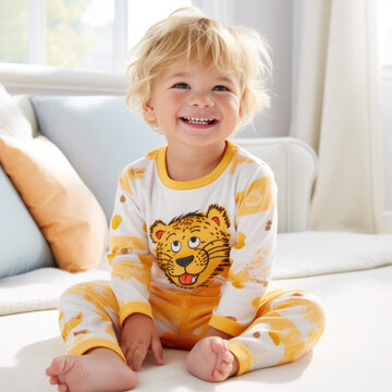 Happy cute adorable toddler boy, sweet 3 year old kid in pajamas sitting on bed after nap sleep