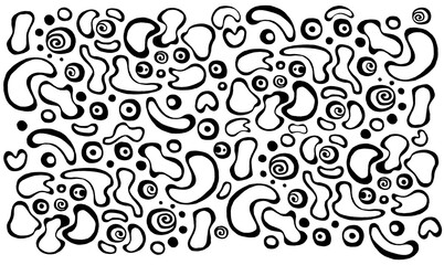 Abstract white background with black decor. Linear spots, circles and dots. They resemble camouflage
