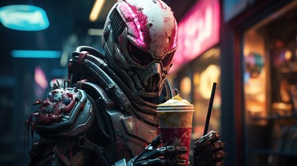 robot cyberpunk with a drink ai generated