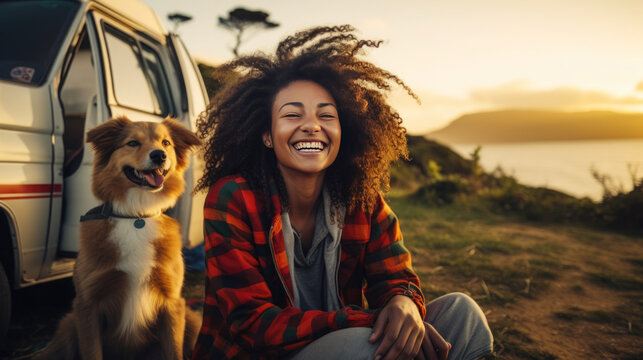 woman smilling .Female tourists travelling with dog, & Van house travel car. enjoying the view. camping with dog, mountain and lake view background