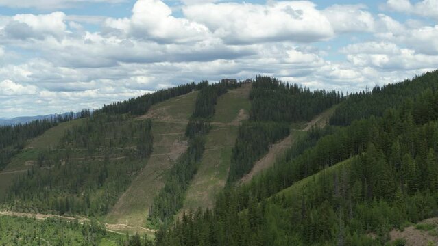 Aerial of ski runs in summer in northern Idaho on ski resort near Kellogg