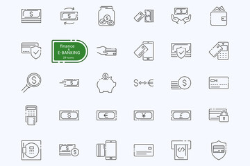 Finance, money and online banking lineart icon set. Vector sign for design site, app, advertising.