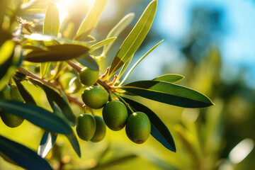 Fototapeta na wymiar Spain. Olives on olive tree branch. Closeup of green olives fruits in sunny day