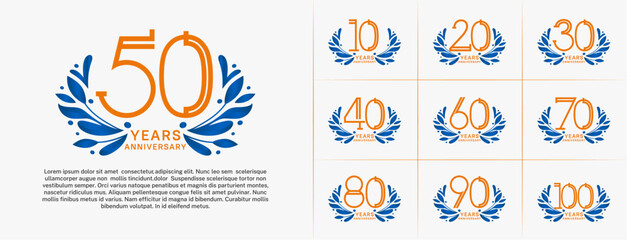 set of anniversary logotype orange color and blue ornament for special celebration event