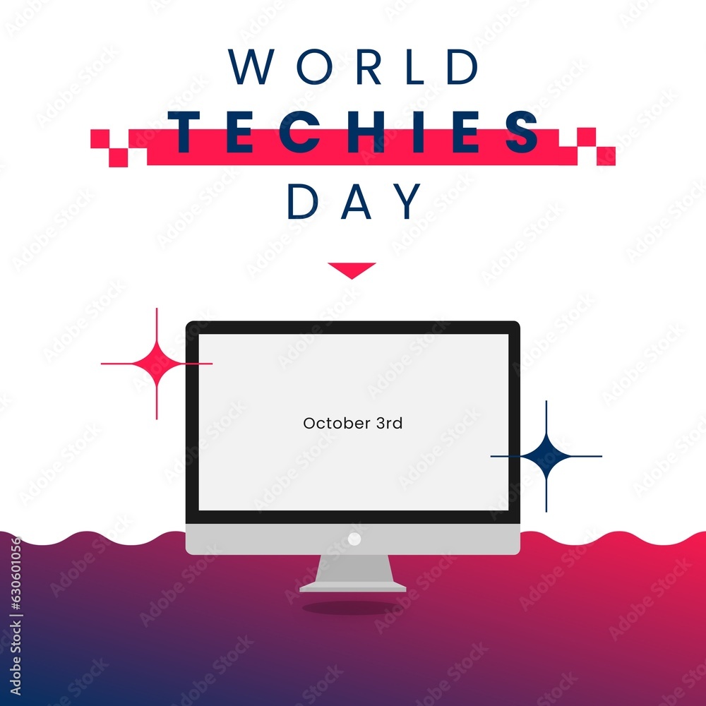 Poster world techies day text in blue with computer screen and red and blue patterns on white