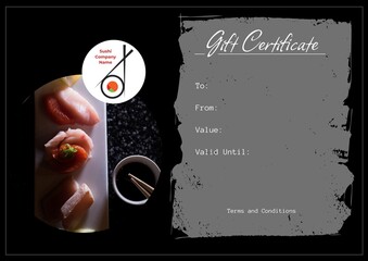 Gift certificate text, sushi company holding text and detail space with sushi on grey and black