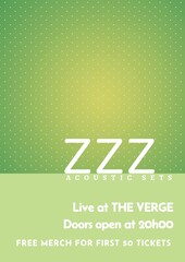 Illustration of zzz acoustic sets, live at the verge doors open to 20h00 text and dots on green