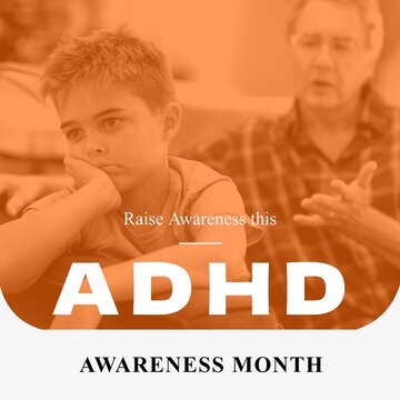 Adhd raise awareness text on orange with sad caucasian boy and grandfather