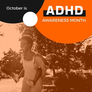 Adhd awareness month text with happy african american mother and daughter in garden