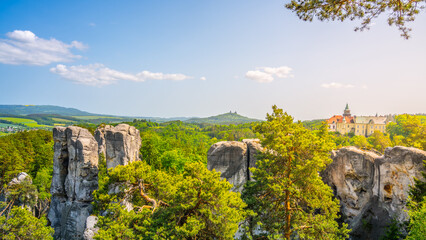 Bohemian Paradise, Czech: Cesky Raj, panorama. View of Hruba Skala Castle, Trosky Castle Ruins and...