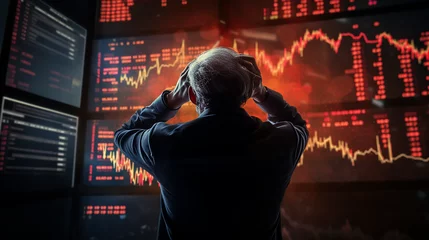 Zelfklevend Fotobehang Senior Old Man Watching Crashing Stock Market Bearish Panic Anxious Mad  Loss Pension Savings Investment AI Generated © Anna Coco