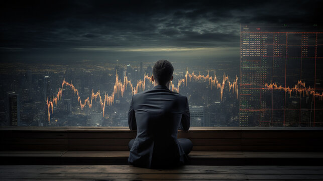Business Man Watching Stock Market in the Future Futuristic Fluctuating Rising Falling Stocks Finance Investment