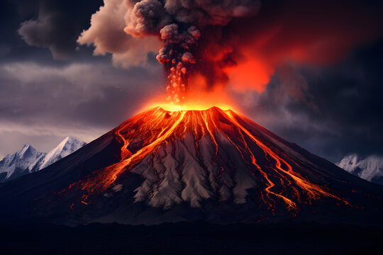 A volcano and a lava. Volcano eruption concept background