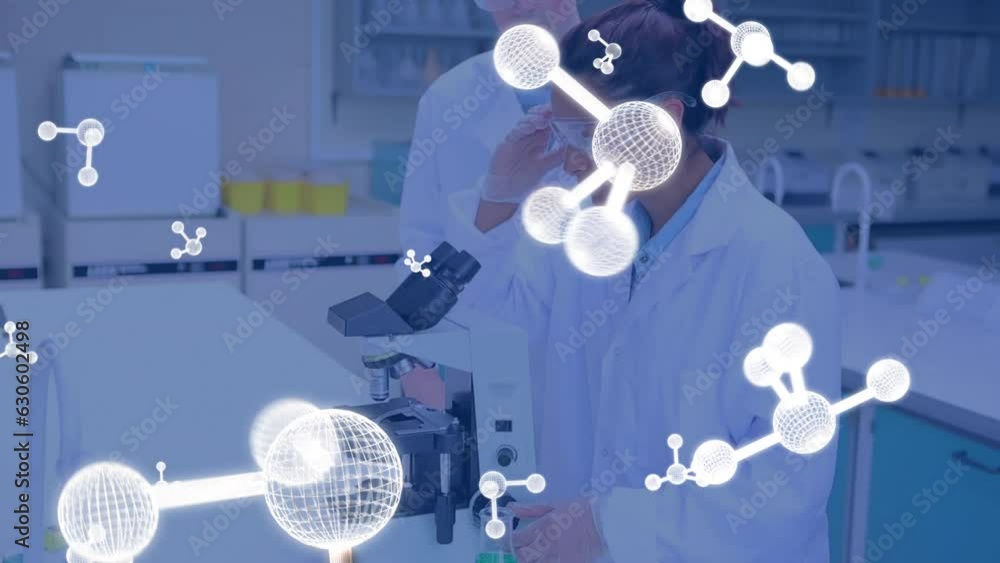 Poster animation of molecules over caucasian scientists using microscope in lab