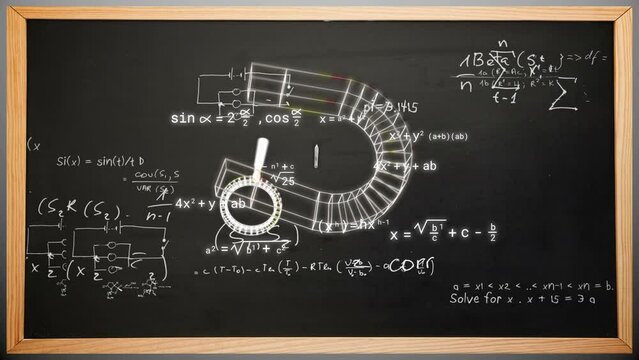 Animation of icons and mathematical equations over black board