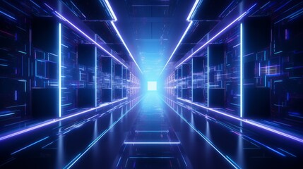 Fototapeta premium Futuristic Hud Tunnel. 3d background conveying high tech future technology. Labyrinth of flickering neon light.