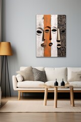 This painting of face masks on a wall brings together the warmth of a homely interior with the starkness of modern art, blending furniture, architecture, and design to create a captivating and though