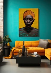 A cozy living room illuminated by a vivid painting of a woman on the wall, filled with homey furniture and tasteful accents, evokes a feeling of warmth and tranquility