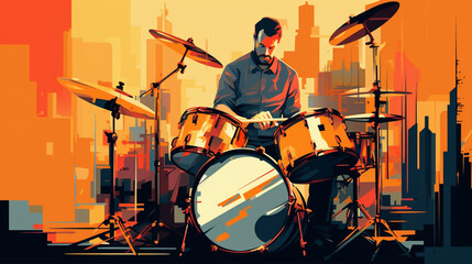 ドラムを叩く渋かっこいい男性 カラフル man playing the drum graphic illustration - obrazy, fototapety, plakaty