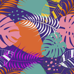 Fototapeta na wymiar Floral seamless pattern with wavy lined shapes. tropical background
