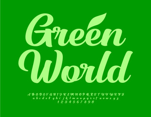 Vector eco concept Green World. Calligraphic Font. Alphabet Letters and Numbers set. Modern Cursive Font.