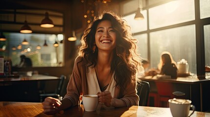 woman in cafe happiness smiling with coffee.  - obrazy, fototapety, plakaty