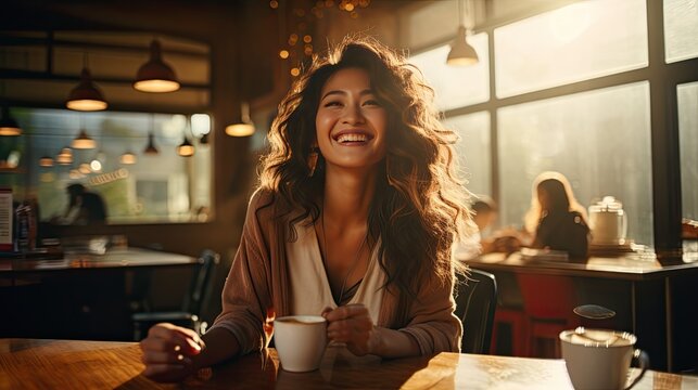 woman in cafe happiness smiling with coffee. 