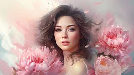 Beautiful young woman in pink peonies. Cosmetics and perfume concept. 