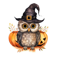 Naklejka premium Watercolor Cute Owl, Halloween Theme, ai genterated