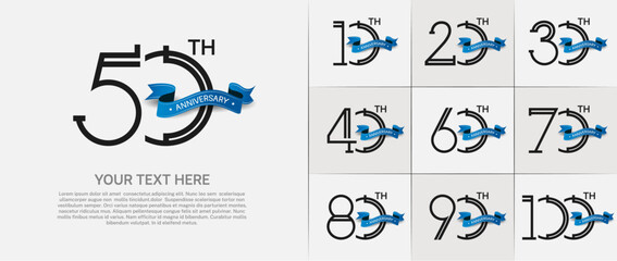 set of anniversary logotype black color with blue ribbon for special celebration event