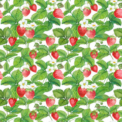 Strawberry background on a white background. Watercolor seamless texture of ripe red berries, leaves and flowers. Summer design for textiles, product packaging, wallpapers.