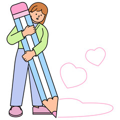 Woman Holding a Big Pencil and Drawing a Heart. Simple Vector Illustration.