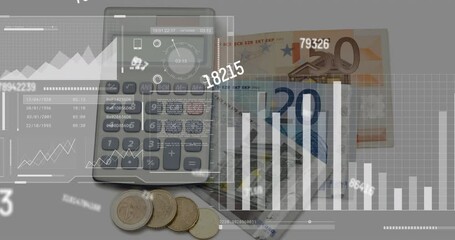 Animation of financial data processing over calculator, euro currency bills and coins - Powered by Adobe