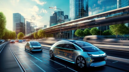 Fototapeta na wymiar Autonomous Self Driving, Electric Car Driving on the Road Cityscape Background. Generative AI