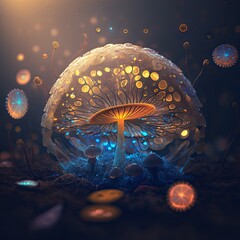 Glowing mushroom spores, magic bokeh background