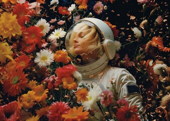 A female astronaut in a spacesuit amidst flowers, a nostalgic yet futuristic concept blending romance and retrofuturism
