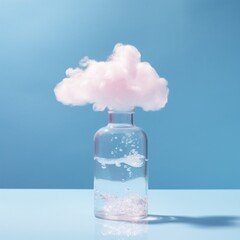 A whimsical concept of a pink rain cloud captured in a bottle against a serene blue background,...