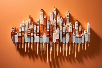 Creative concept of toothbrushes hanging in boxes shaped as miniature houses against a bold orange wall. Minimal and contemporary design inspiration