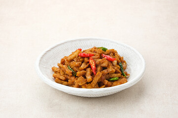 Orek Tempe or Stir Fry Tempeh, sweet and spicy. Indonesian traditional food.
