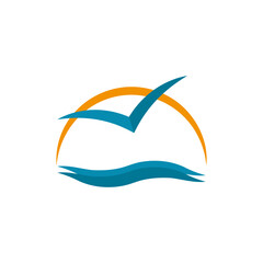Logo of the ocean or sea with the sun and a lone albatross flying over the waves. Color vector round shape.