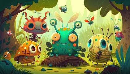 Obraz na płótnie Canvas Funny bug insects fairy forest, cartoon characters