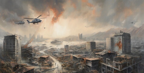 Helicopters fly over the postwar city.