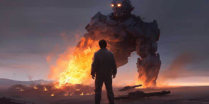 The robots that were defeated and burned by humans fell slowly.