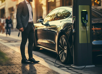 Businessman recharge his electric car from charging station at city center or public car park. Eco friendly rechargeable car using alternative clean energy in urban city lifestyle generative AI photo