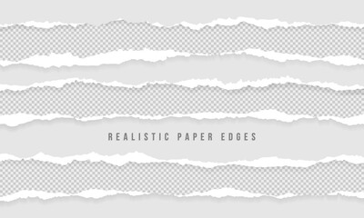 Realistic torn or ripped piece of papers with edges on transparent background for text message. Ripped notebook, blank page split or grunge office note scrap. Newspaper strip clip art for social media