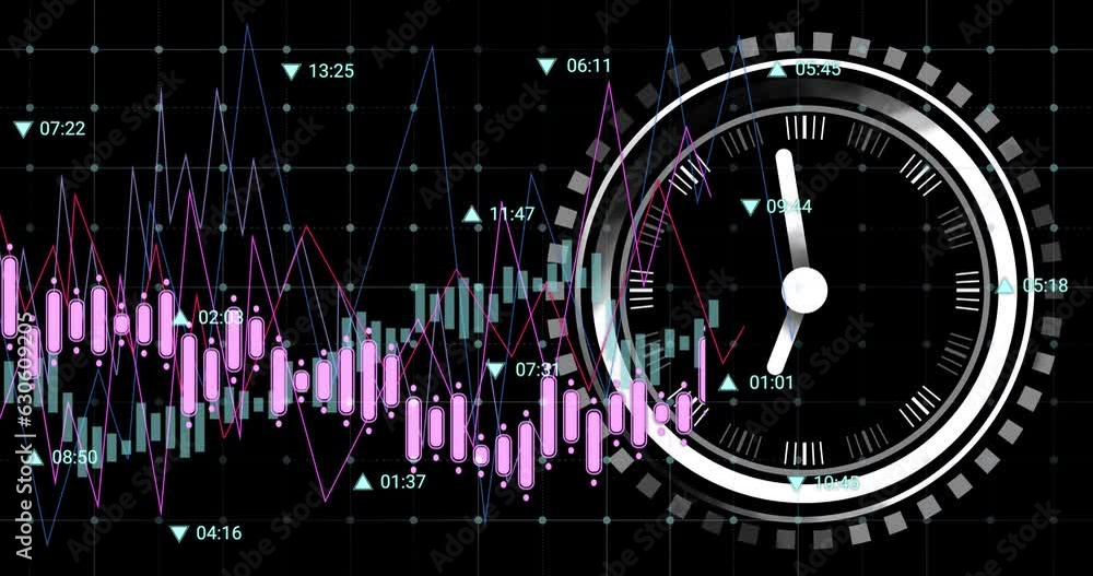 Aufkleber animation of financial data processing over clock and black background