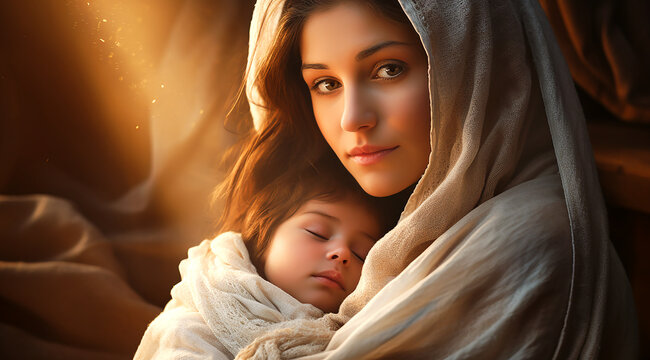 Mary holding jesus in her arms. Woman holding an baby. Graphic representation. AI generativ.