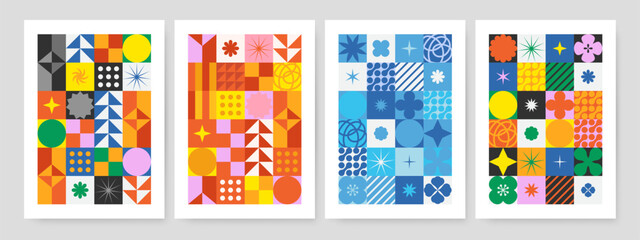 Obraz premium Simple geometric vector background with star shapes, flower shapes and abstract bauhaus forms. Geometric trendy composition for web design, poster, cover