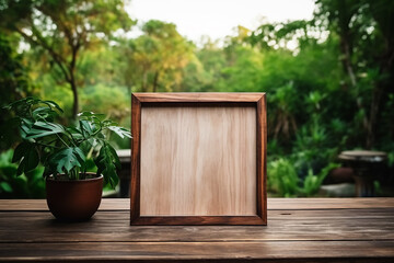 Empty Photo Frame on Wooden Table in Outdoor Nature View with Plant at Bright Day